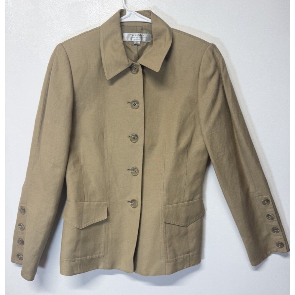 VTG Tahari Arthur Levine Y2K Women Petite Blazer Button LINEN Tan Sz 2P